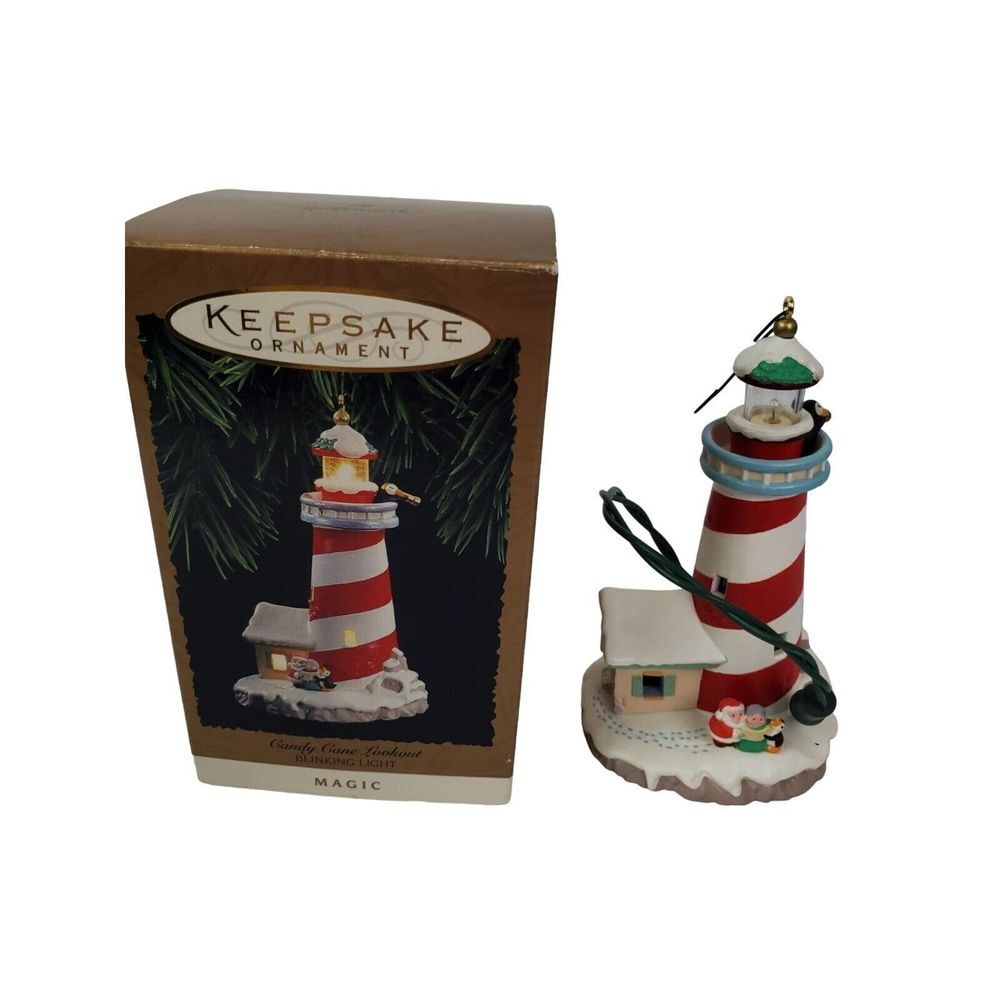 Vintage 1994 Hallmark Lighthouse Christmas Ornament Candy Cane Lookout GUC